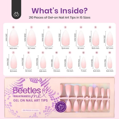 Beetles Almond Press on Nails - 210Pcs Ombre Medium Almond Nails Press on Nails 4-in-1 French Tip Press On Nails Press on 15 Sizes