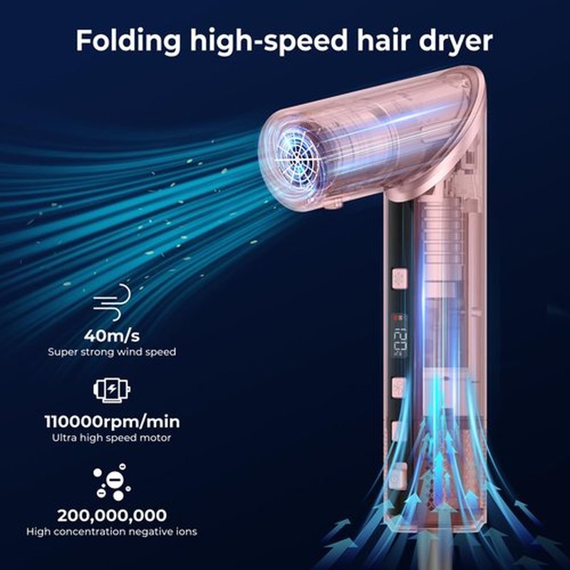 Atopskins 8-in-1 Hair Dryer Brush & Hot Air Styler, 110,000 RPM Blow Dryer Brush Foldable LCD Display, 4 Heat Settings Auto Curler Fast Drying Curling Straightening for Salon & Travel (Pink)