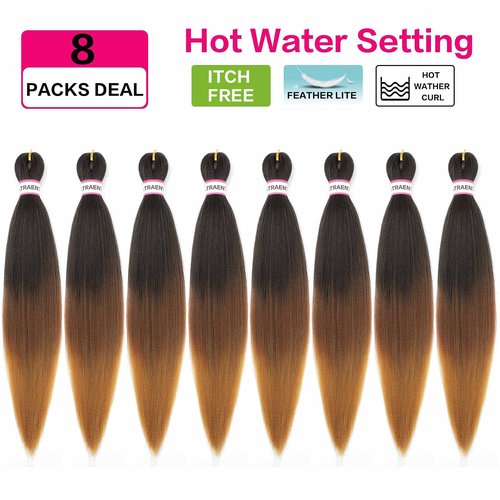 ATRAENTE Prestretched Braiding Hair 18 Inch Ombre Braiding Hair Pre Stretched 8 Packs Hot Water Setting Yaki Texture Hair Braids 1B/30/27