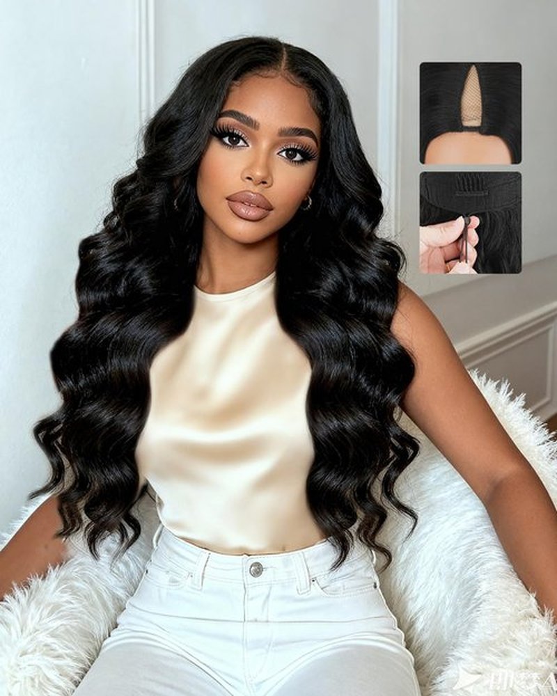 Lysilf V Part Wigs Human Hair 250% Density Body Wave Upgrade U Part Human Hair Wigs with Drawstring No Leave Out No Sew Glueless Clip In Half Wig for Women (Natural Black, 16 Inch)