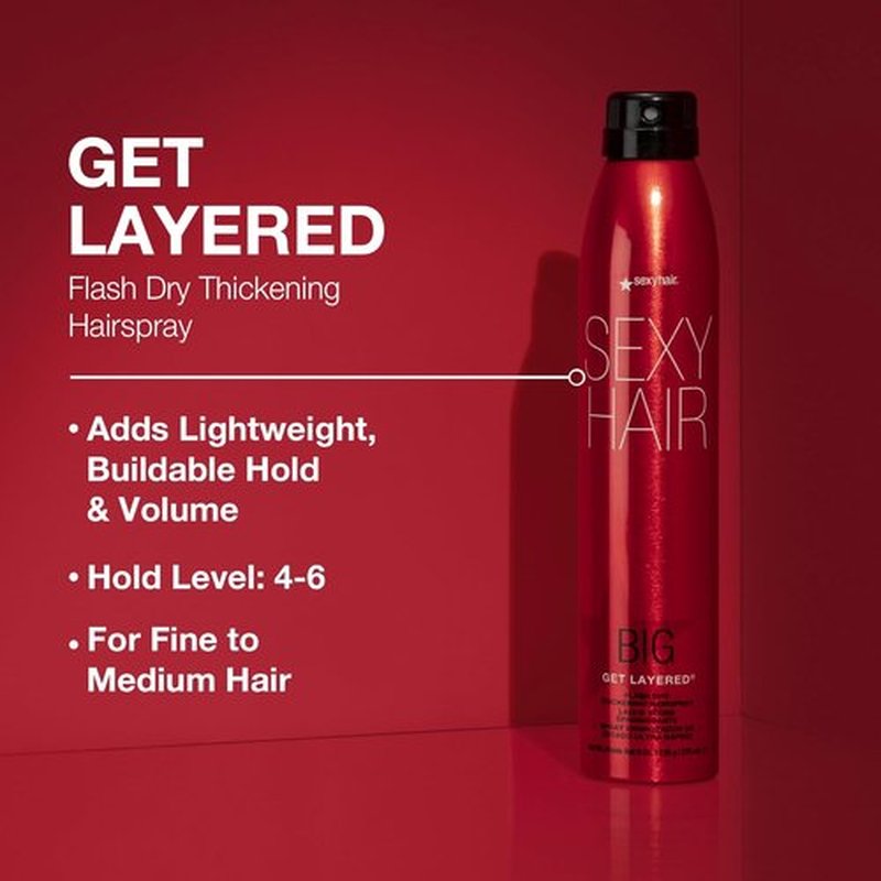 SexyHair Big Get Layered Flash Dry Thickening Hairspray - 8 Oz | Buildable Volume & Shine | Humidity Resistant for 72 Hours