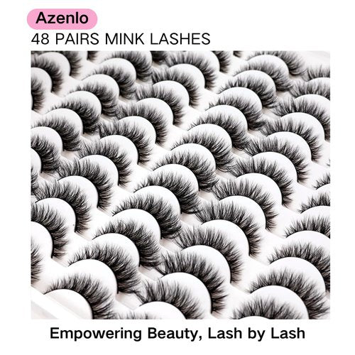Azenlo False Eyelashes 48 Pairs Faux Mink Lashes 14mm Wispy Lashes 3D Fluffy Cat Eye Lashes Pack Bulk Wholesale Strip Lashes(style 48-045)