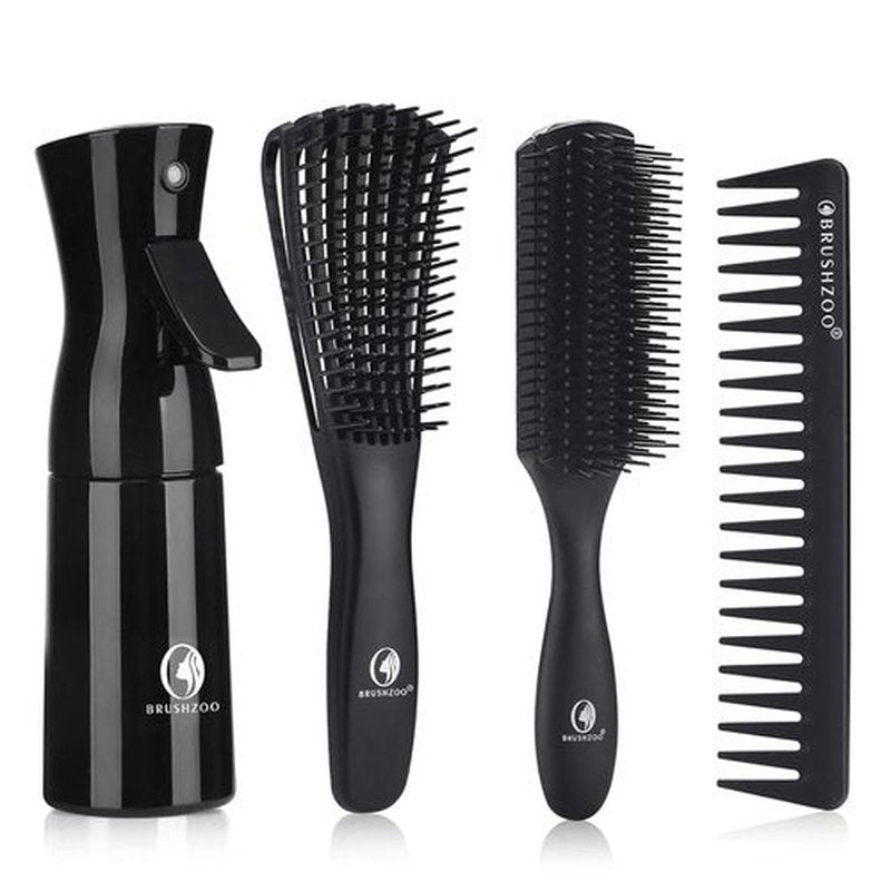 BRUSHZOO Detangling Hair Brush Set - Curly & Natural Hair Care with Wide Tooth Comb & Spray Bottle