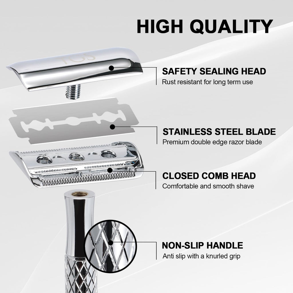 THE GROOMING SOCIETY Double Edge Safety Razor for Men with Stand and Silicone Cover - Durable Metal Eco-Friendly Single Blade Safety Razor with 10 Blades- Closed Smooth Shave (Silver)