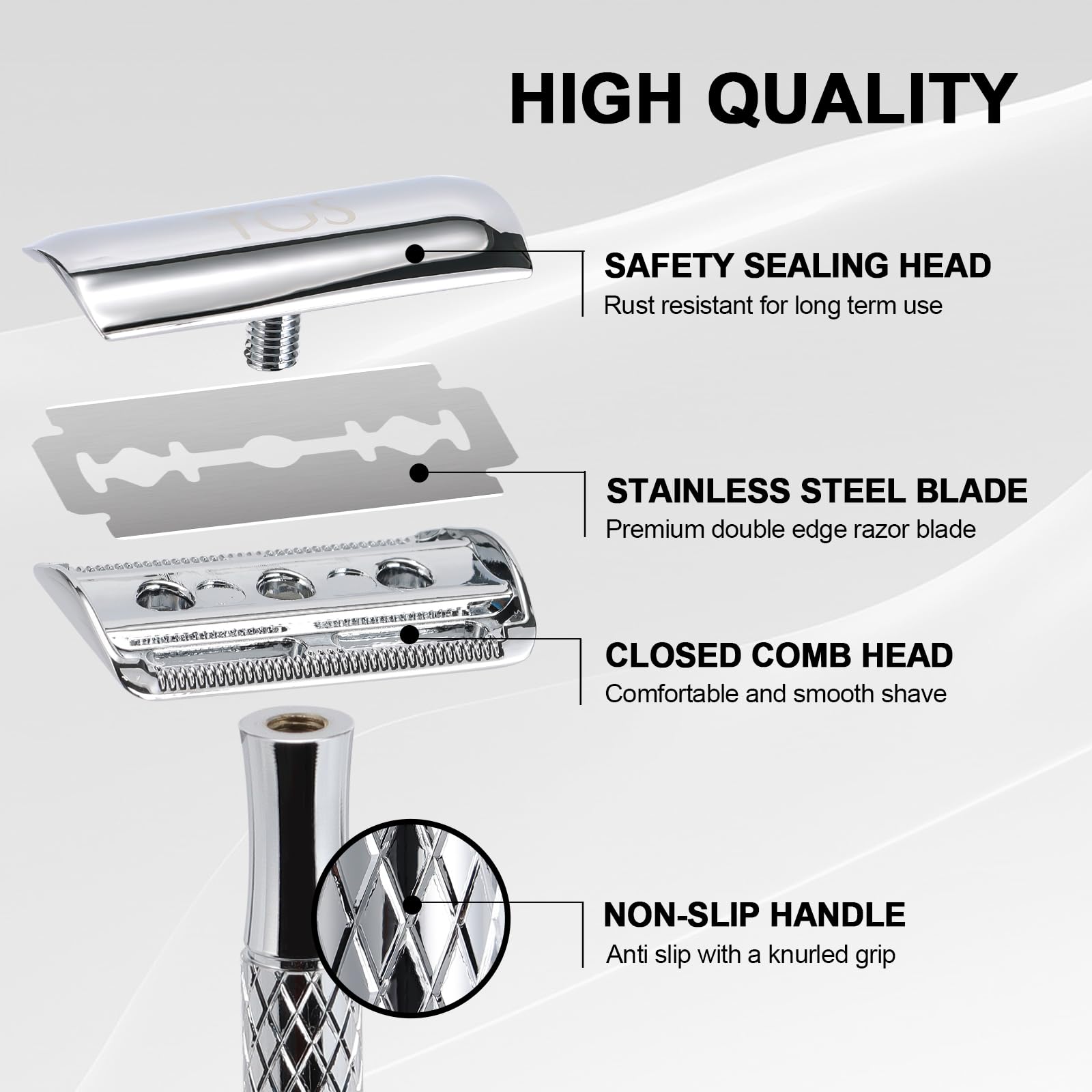 THE GROOMING SOCIETY Double Edge Safety Razor for Men with Stand and Silicone Cover - Durable Metal Eco-Friendly Single Blade Safety Razor with 10 Blades- Closed Smooth Shave (Silver)