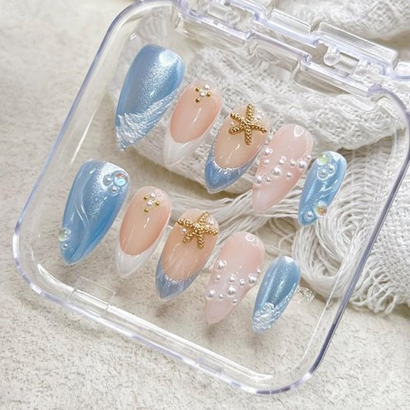 Handmade Medium Almond Press on Nails with Glue, Glitter Blue Ocean Fake Nails with 3D Floral Design French Nails Press ons Nude Pink False Nails Muti-Layer Gel Acrylic Nail for Women (Size S)