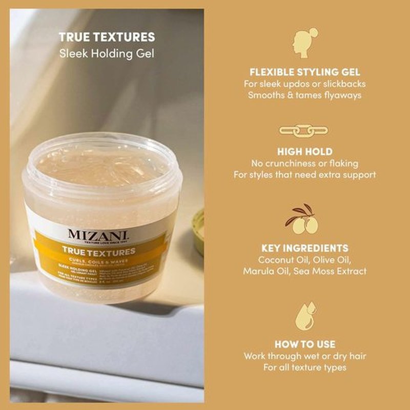 Mizani True Textures Sleek Holding Gel - Firm Hold, Flexible & Flake-Free Hair Gel for All Hair Types