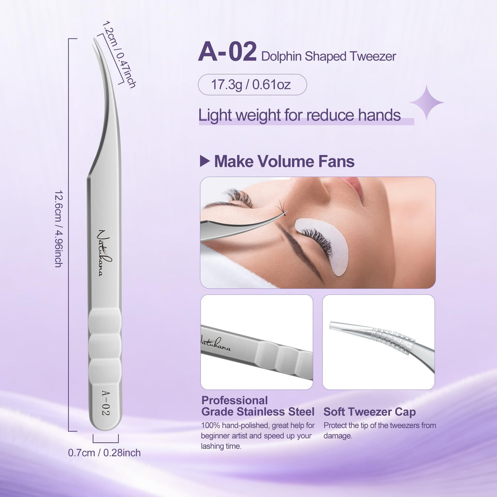 Natuhana High Precision Lash Tweezers for Individual and Volume Eyelash Extensions Pointed Premium Stainless Steel Curved Fiber Tip Professional Isolation Tweezer