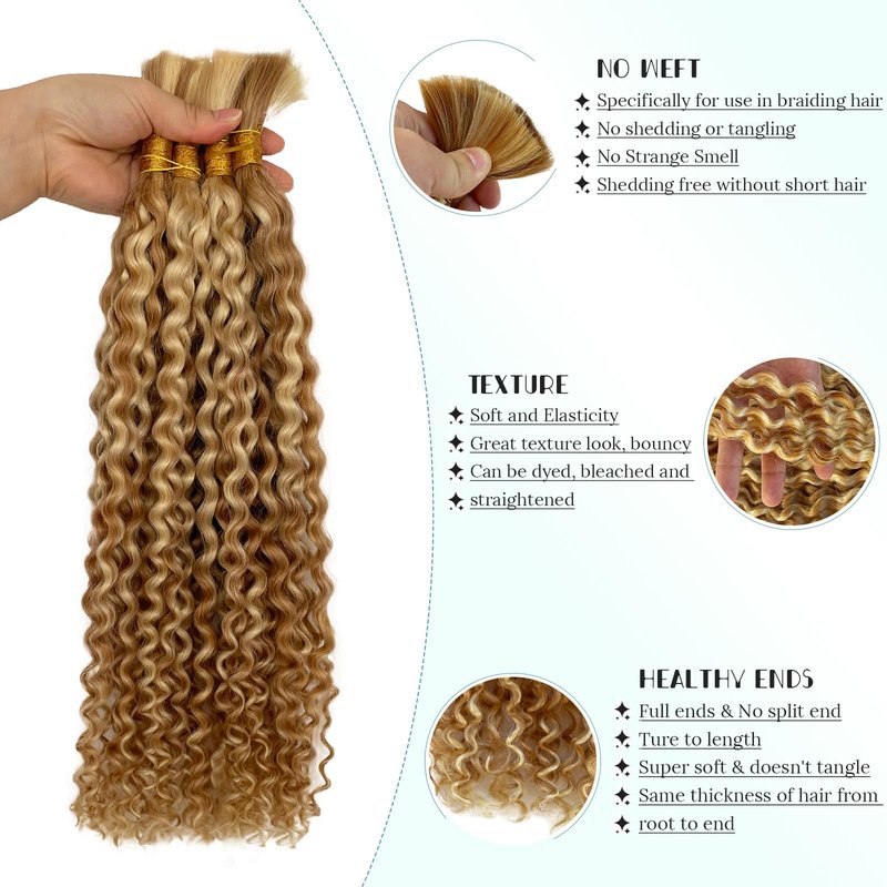 Water Wave Bulk Human Hair No Weft for Boho Knotless Braids 18 Inch Real Human Hair Ombre Blonde 613 Curly Micro Braiding Human Hair Balayage Wet and Wave Human Braiding Hair 100g