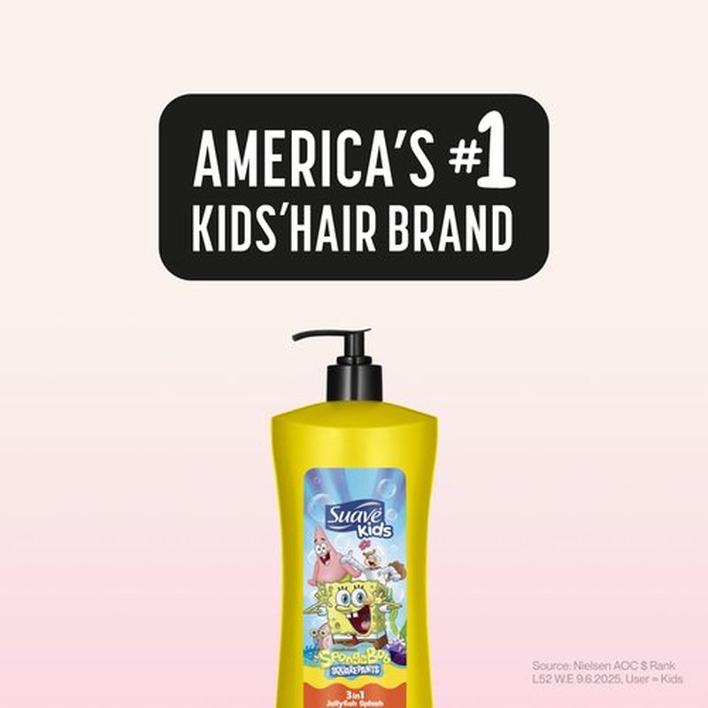 Suave Kids SpongeBob SquarePants 3 in 1 Shampoo, Conditioner & Body Wash JellyFish Splash Scent, Tear-Free & Gentle, Dermatologist Tested, 4 Count, 28 FL OZ Pump
