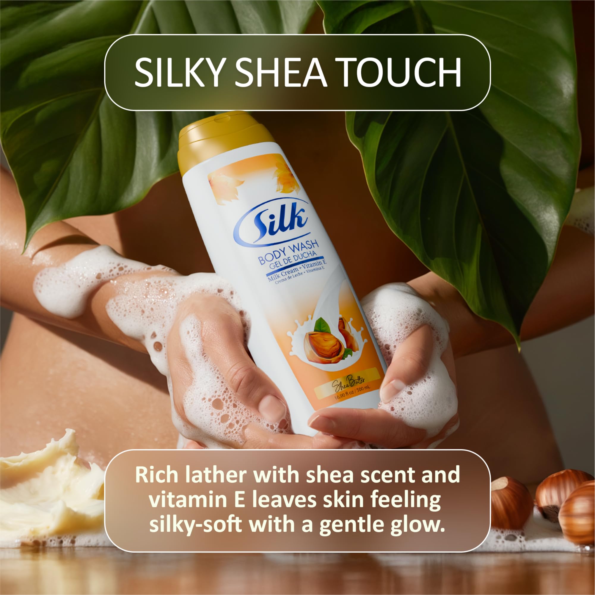 SILK Moisturizing Body Wash for Woman & Man - Daily Hydrating Shower Gel and Foaming Cleanser with Vitamin E and Glycerin, Rich Lather for Dry Skin Care, Shea Butter Scent, 16.9 Fl Oz (Pack of 4)