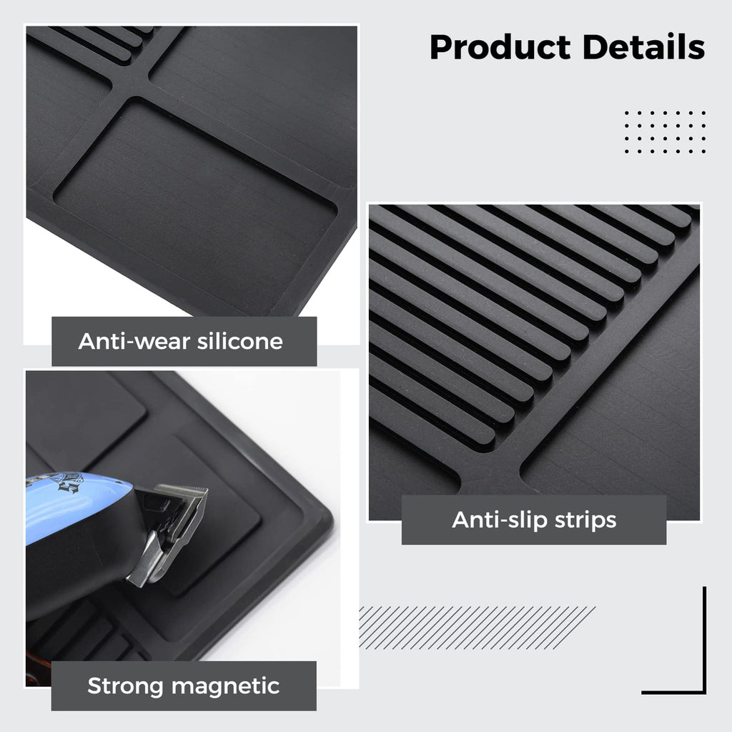 yeesport Barber Tool Organizer Mat, Flexible Silicone Barber Tool Pad, Magnetic Salon Barbershop Work Station Pad, Non-Slip Barbershop Counter Mat for Clippers Tools (Black)