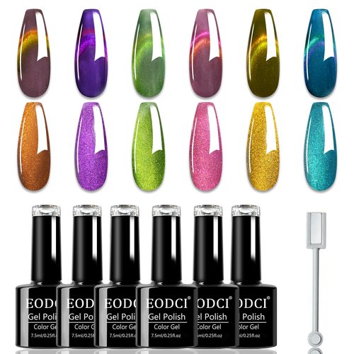 eodci 6 Colors Two-tone Cat Eye Nail Polish, Upgraded Magnetic Gel Polish Kit with Magnet Stick, Galaxy Chameleon Effect Silky Cat Eye Nail Gel Soak Off Nail Art Salon Manicure Home Ladies Gift