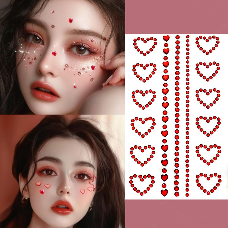Valentine's Day Face Jewelry Body Face Rhinestone Temporary Tattoo Sticker Set Red Heart Face Gems for Women Girls Festive Face Stickers for Valentine's Day (Red Heart)