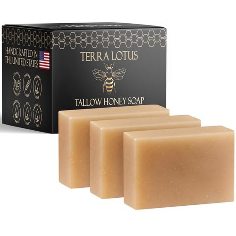 Terra Lotus - Organic Tallow Soap with Organic Castor Oil & Raw Honey - Relief for Dark Spots, Acne Marks, Hydrating & Nourishing - 3 Pack (Unscented)