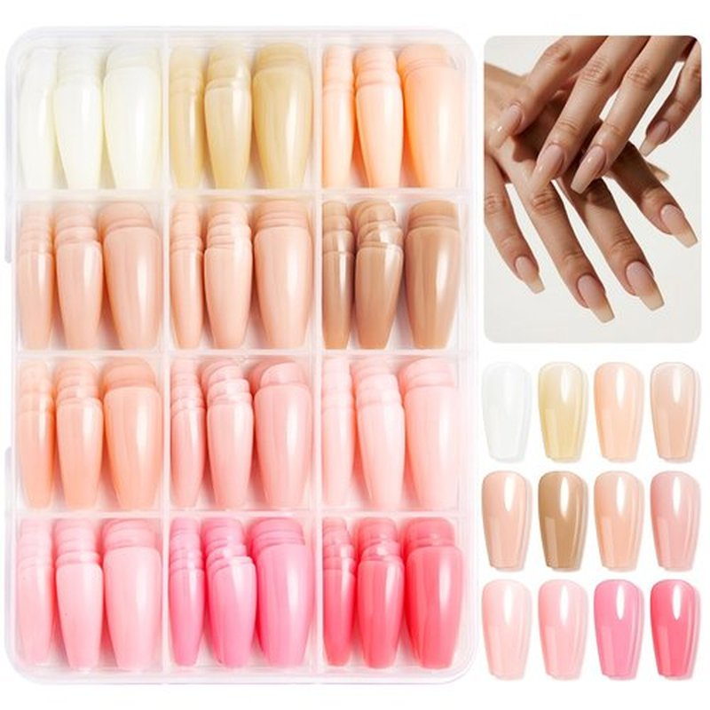 12 Color Coffin Press on Nails Nude Pink Fake Nails Pure Color False Nail Light Color Glue on Nail Reusable Glossy Full Cover Artificial Acrylic Medium Stick on Nail for Women DIY Manicure 288 Pcs