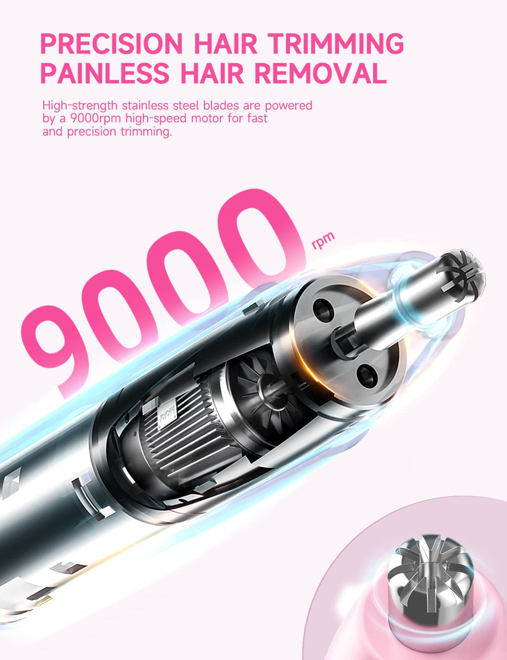 ZORAMI Rechargeable Ear and Nose Hair Trimmer - 2026 Professional Painless Eyebrow & Facial Hair Trimmer for Men Women, Powerful Motor and Dual-Edge Blades for Smoother Cutting Pink