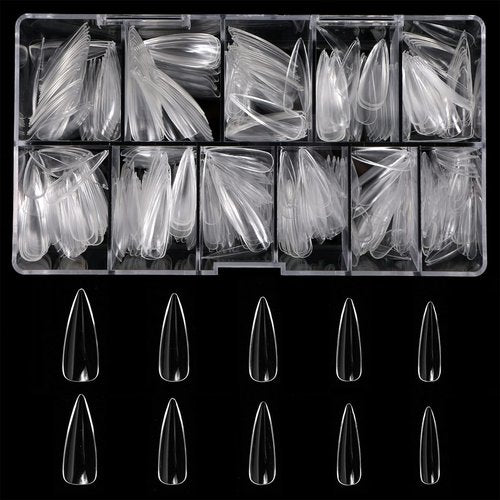 Press On Nails Set with 500pcs Long Stiletto Nail Tips Clear Full Cover 5pcs Nail Glues 1pcs Nail File with Case False Nail Fork Nail Kit Acrylic Nail Kit
