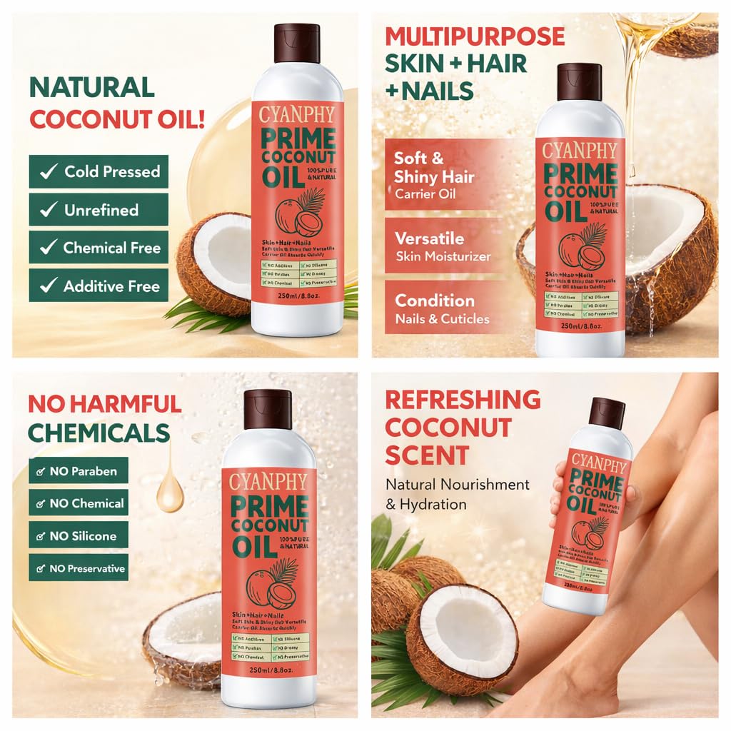 CYANPHY Natural & Organic Coconut Oil for Face, Body, Nail & Hair Care, Ultra-Hydrating Body Massage Essential Oil Moisturizes and Nourishes, Vegan & Cruelty Free, Hexane Free Carrier Oil 8.8OZ
