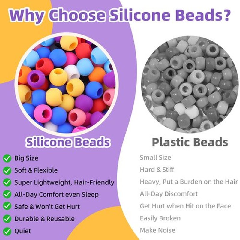 120Pcs 14mm Large Silicone Beads for Hair Braids, Soft Jellyish Hair Beads with 7mm Hole + 50 Rubber Bands and 1 Beader for Braiding, DIY Bracelets Necklaces Crafts (Multicolors)