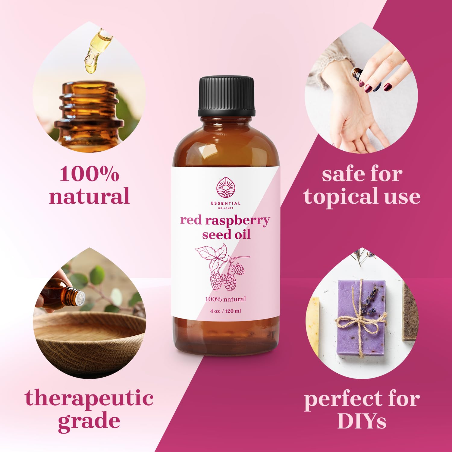Red Raspberry Seed Oil by Essential Delights - Cold Pressed Carrier Oil | for Skin, Face, Body, Hair Revitalization | Vegan & Cruelty Free (4 Fl.Oz.)