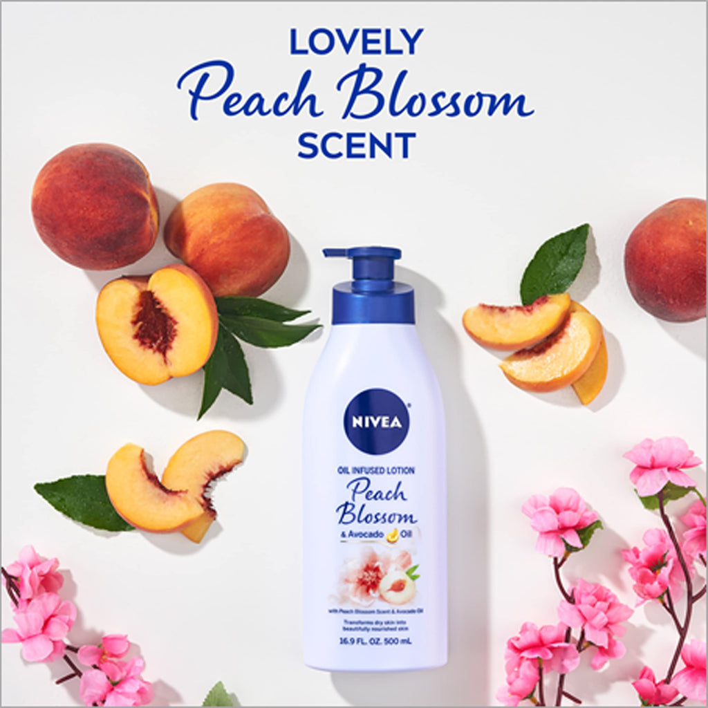 NIVEA Oil Infused Peach Blossom and Avocado Oil Body Lotion,Body Lotion for Dry Skin,16.9 Fl Oz Pump Bottle,(Pack of 2)