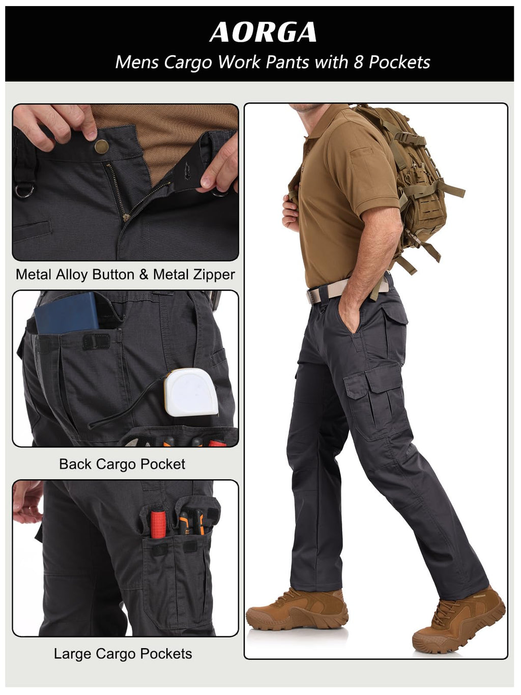 Aorga Cargo Pants for Mens Work Pants Waterproof Outdoor Relaxed Fit Construction Tactical Hiking Pants Lightweight with Pockets Breathable Black 34Wx30L