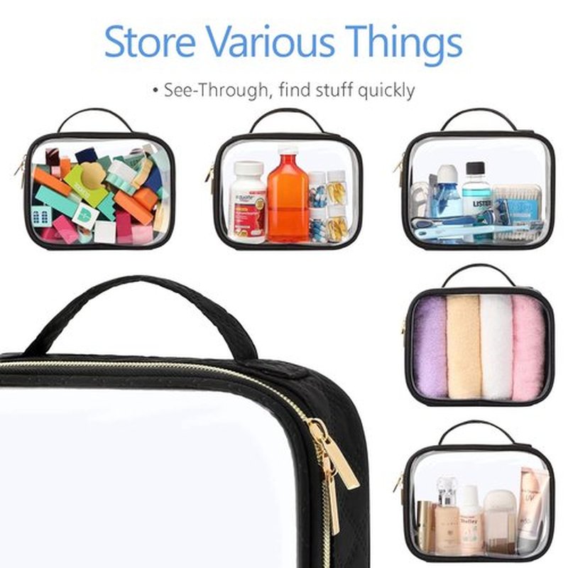 PACKISM TSA Approved Toiletry Bag - 3 Medium Clear Makeup Bags | Quart Size, Water-Resistant PVC, Black