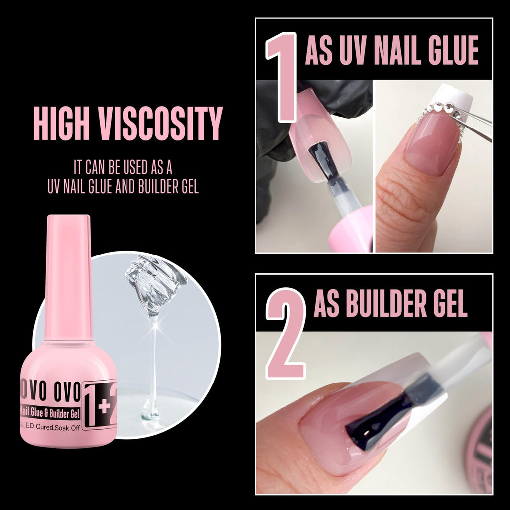 UV Nail Glue and Builder Gel 2 in 1, No Wipe Top Coat Kit for Predesigned French Tip Nail Tips, NOVO OVO Super Strong Adhesive for Press on Nails, 30+ Days Long Lasting, Salon Effect, Easy to Use