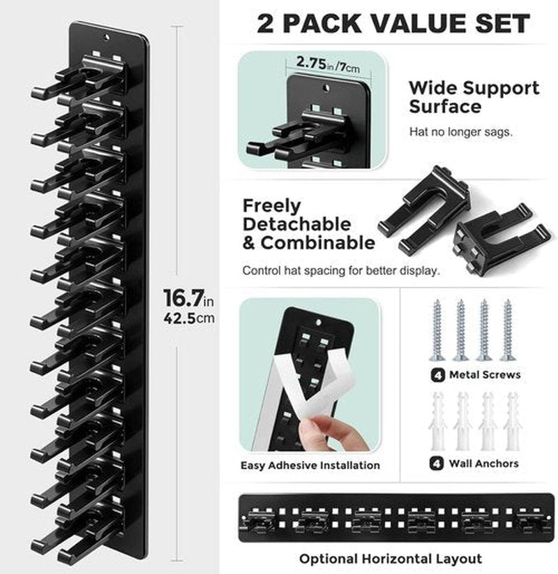 Hat Organizer by 1A - 2 Pack Detachable DIY Rack for Up to 22 Baseball Caps | Wall-Mounted Storage Solution