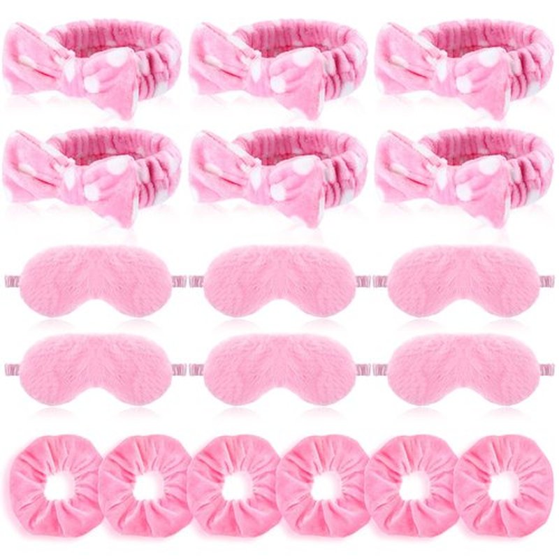 Maiteenly 18 Pcs Sleepover Party Supplies Include 6 Bow Spa Headbands, 6 Eye Mask and 6 Velvet Scrunchies Pink Party Favors for Women Makeup Gift Bachelorette Slumber Wedding
