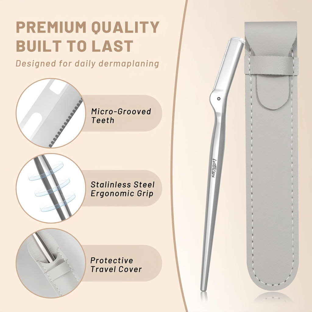 LuottsCare Stainless Steel Eyebrow Razor - Face Razors with Travel Cover & 10 Refill Blades, Eyebrow Brush - Help Exfoliate and Smooth Skin for Eyebrow, Leg, BIKINI, Facial, Beard Remove - L