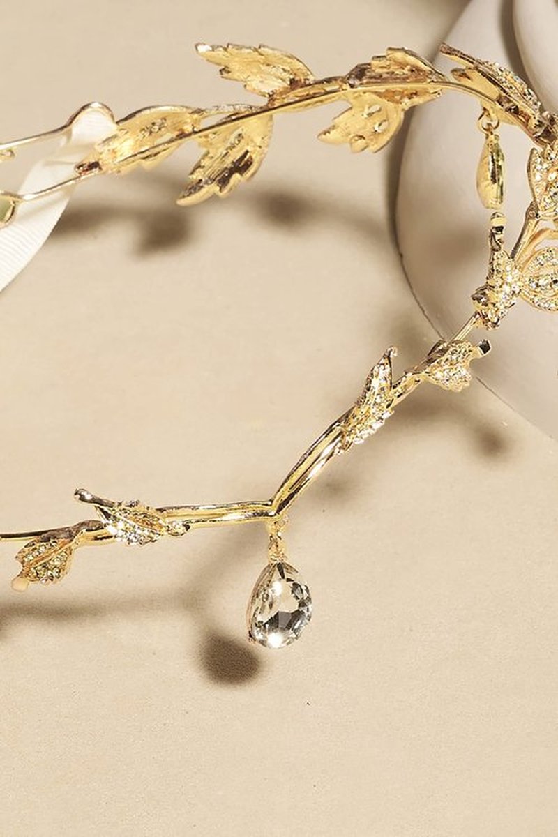 BABEYOND Crystal Leaf Wedding Diadem Headband Bridal Bridesmaid Forehead Band Rhinestone Bridal Tiara Crown with Gift Box, Gold, One size