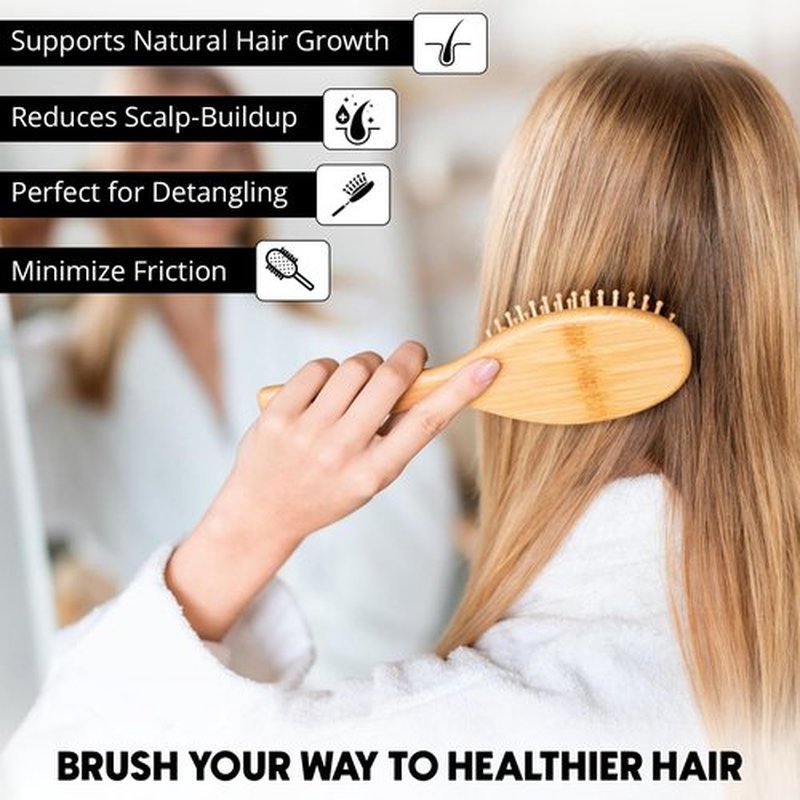 Bamboo Brush for Hair Growth - Natural Bristle Detangling Brush with Wooden Paddle | Reduces Breakage & Massages Scalp - Ideal for All Hair Types