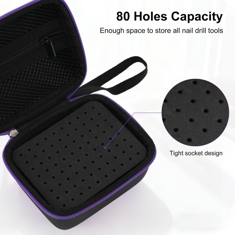 YINGJEE Nail Drill Bits Holder 80 Holes, Dustproof Nail Art Drill Bits Stand Display Storage Box and Nail Drill Bits Manicure Tools (Black)