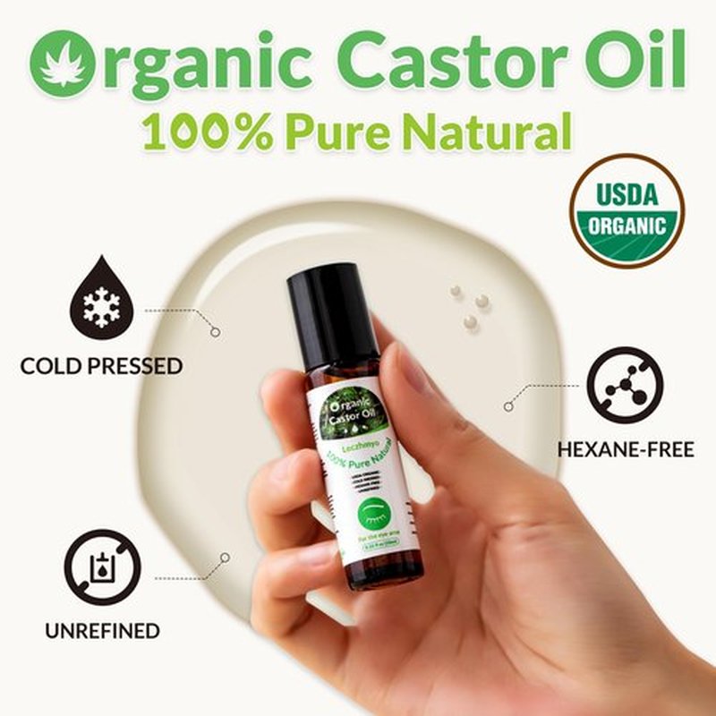 Leczhmyo Organic Castor Oil Roll on for Belly, Face, Body, Under Eyes– Certified Organic, Cold Pressed, Hexane Free, Unrefined – 3 Glass Bottle Pure Roller Ball Castor Oil to Moisturize Skin, Lips