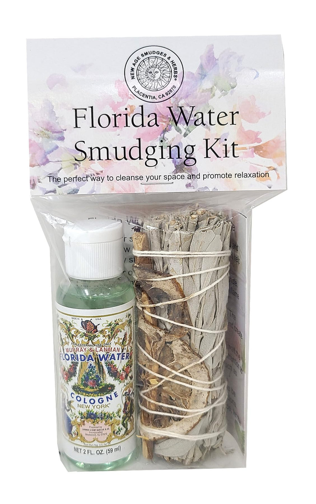 New Age Smudges & Herbs-White Sage Mix w/Lavender, Lemon Slice & Palo Santo Sage 4 inch Incense Smudge Bundle w/Florida Water 2oz Bottle- Cleansing Sage Incense & Water, Smudging Rituals. (FW-KIT-01)