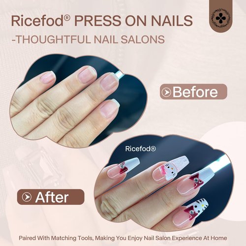 Ricefod Press on Nails Handmade Reusable Fake Nails with Cartoon Cat Design Press on False Nails French Tip Coffin Nails 10 Pcs Luxury Nails, Size:Large