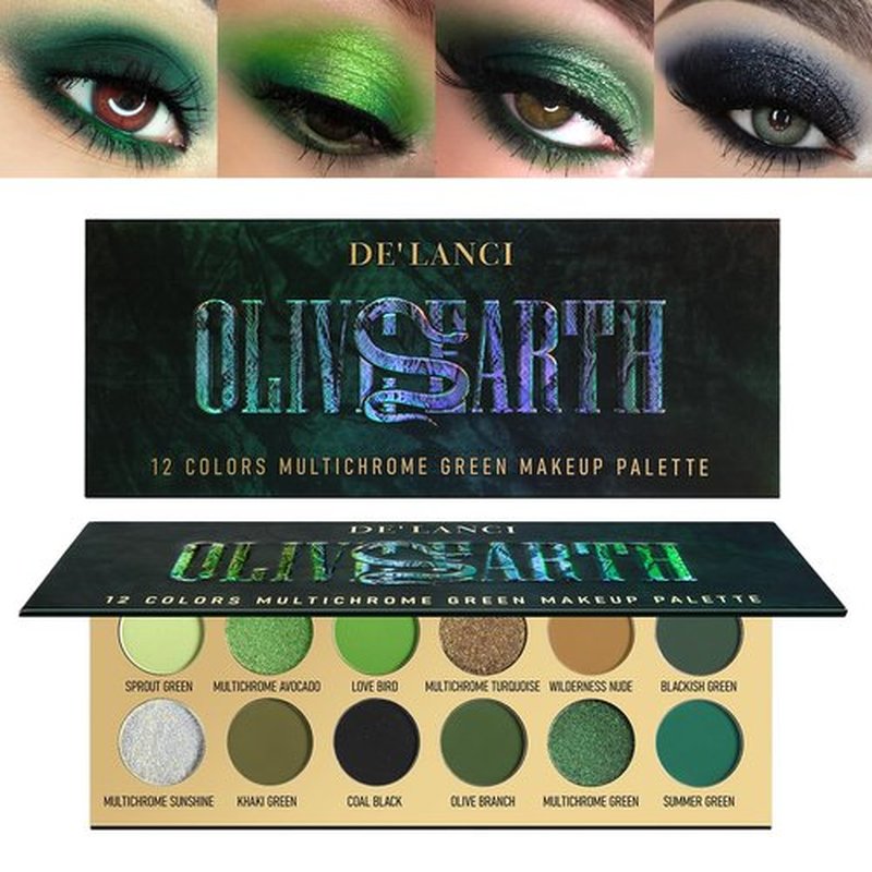 DE'LANCI Olive Green Eyeshadow Palette Multichrome, Ultra Pigmented Chrome Brown Green Eye Shadow for Green Eyes Makeup, Matte Shimmer Dark Lime Emerald Eyeshadow Pallet for St. Patrick's Day Makeup