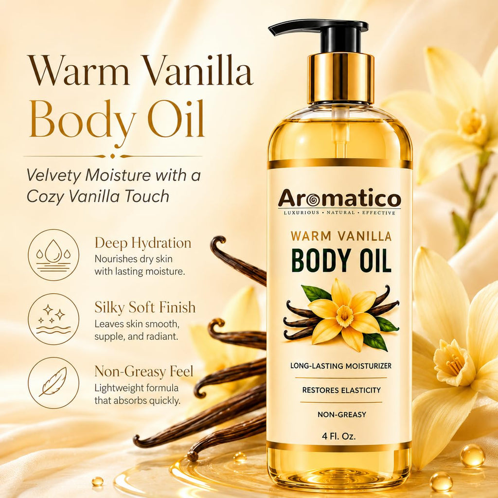 Aromatico Warm Vanilla Mini Body Oil for Women | Moisturizing After Shower Body Oil for Daily Use | Cozy, Creamy Vanilla Scent - 4 fl oz