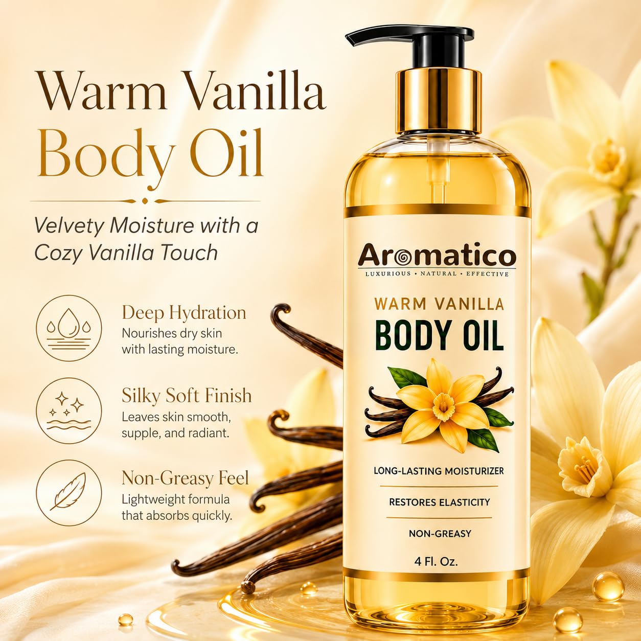 Aromatico Warm Vanilla Mini Body Oil for Women | Moisturizing After Shower Body Oil for Daily Use | Cozy, Creamy Vanilla Scent - 4 fl oz