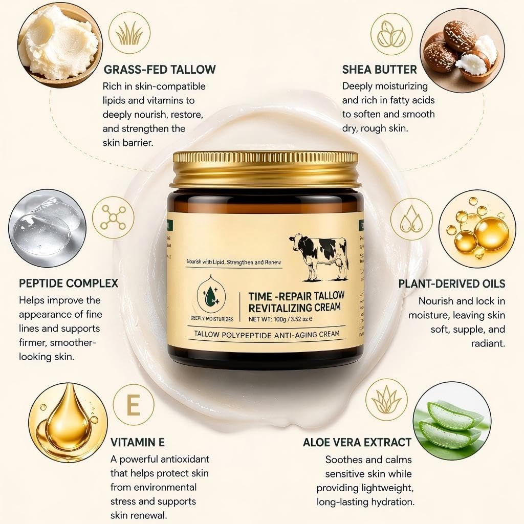 Tallow Face Cream with Peptides, Deep Hydration Moisturizer for Dry Sensitive Skin, Barrier Repair & Anti Aging Face Cream, Fragrance Free with Shea Butter (2PC)