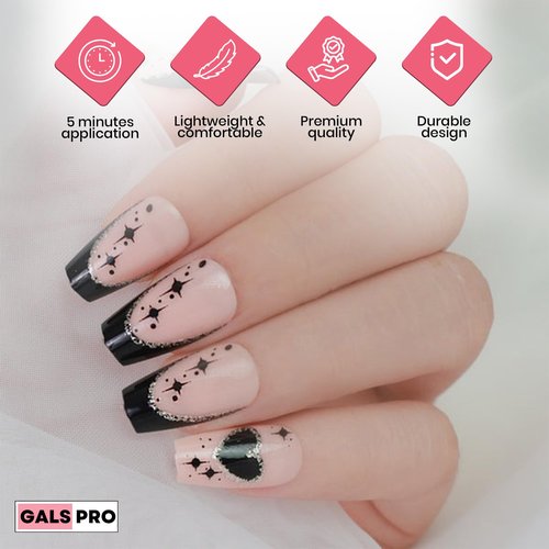 GALSPRO Short Press on Nails - Set of 24 Fake Nails with Designs in 12 Different Sizes for Perfect Fit, Cute False Nails Kit for Women with 0.07oz Nail Glue (NOIR CELESTIAL COFFIN SHAPE, Short)