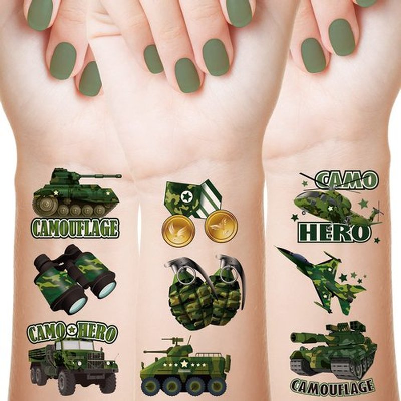 144 Sheets Military Camouflage Tattoo Camouflage Army Party Favors Supplies Military Camo Tank Helicopter Fake Tattoos Stickers Army Birthday Party Decorations for Men Boys Kids Adults School Prizes