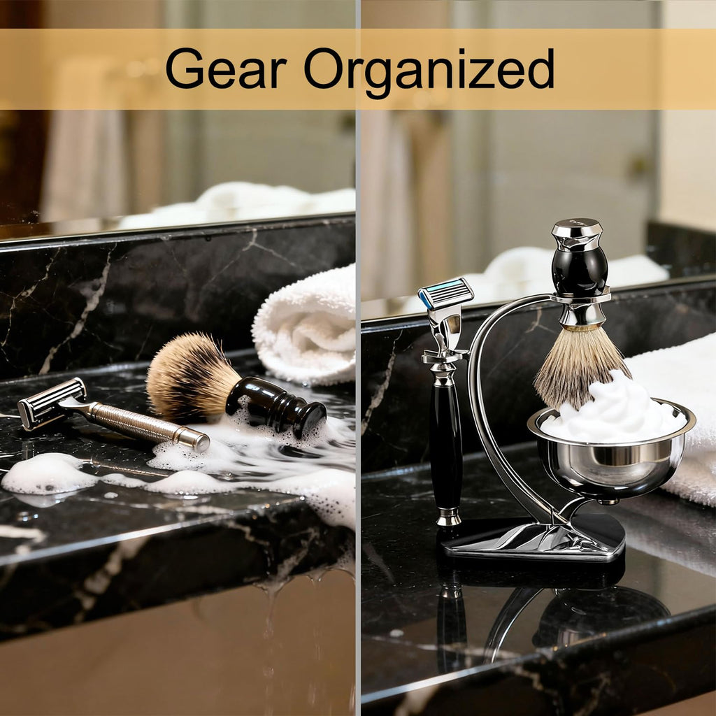 GRUTTI Premium Shaving Kit for Men, 4 in 1 Shaving Set Includes Shaving Stand & Soap Bowl &Brush, Deluxe Safety Mens Razor Holder with Non Slip Base Shaving Kit compatible with Fusion 5