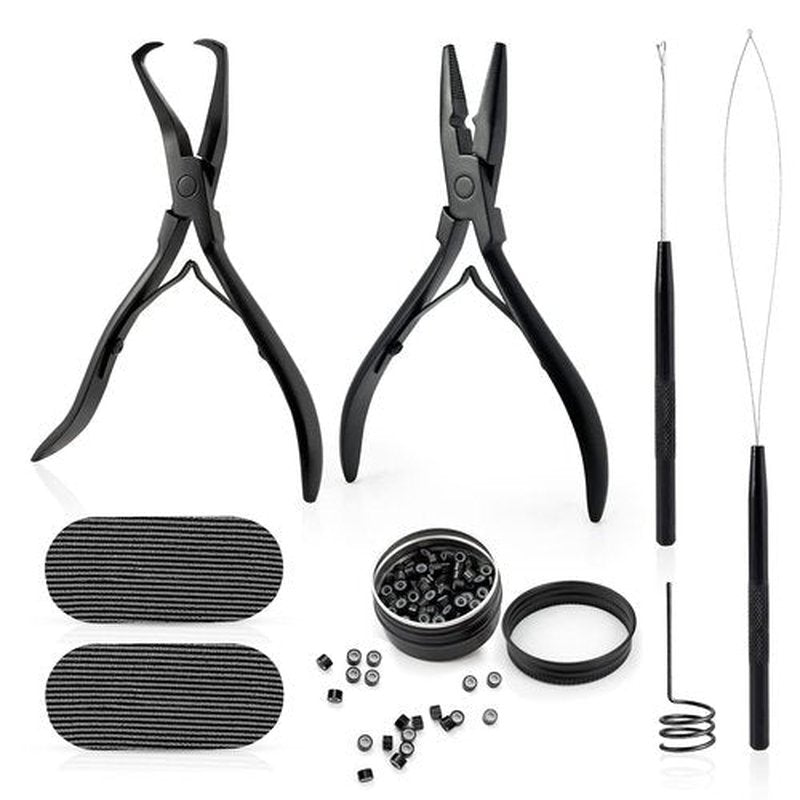 Gomake Microlinks Hair Extensions Kit, Hair Extension Closer and Removal Pliers, Micro Beads Pulling Hook & Microbead Loop Tool, Micro Links Silicone Rings Bead 200PCS(Black)
