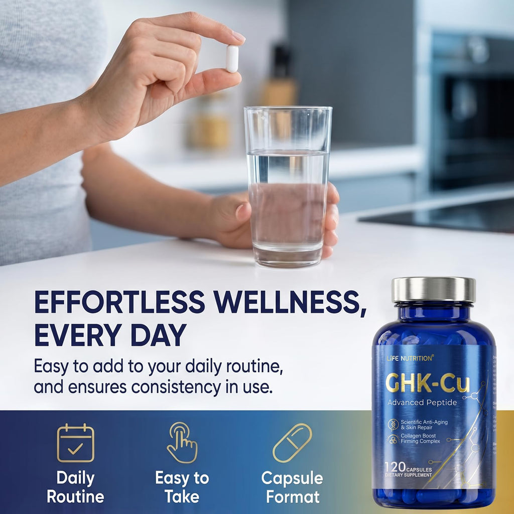 Life Nutrition GHK-Cu Copper Peptide Supplement, 120 Vegan Capsules, High Potency, Promotes Skin Repair, Radiant Skin Elasticity, Anti-Aging & Hair Growth Support