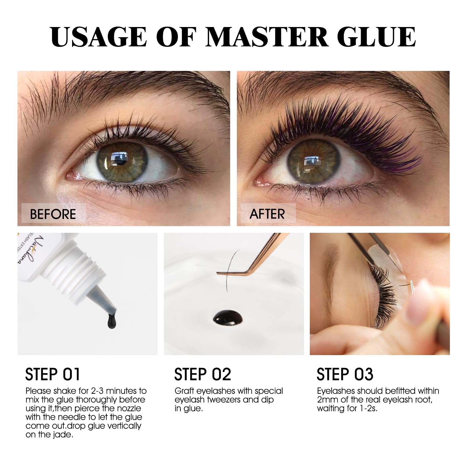NATUHANA Eyelash Extension Glue 3 Sec Drying (0.17fl.oz / 5ml)/3 Weeks Retention,Waterproof No Irritation Lash Extension Glue for Adhesive Personal DIY or Professional,Black