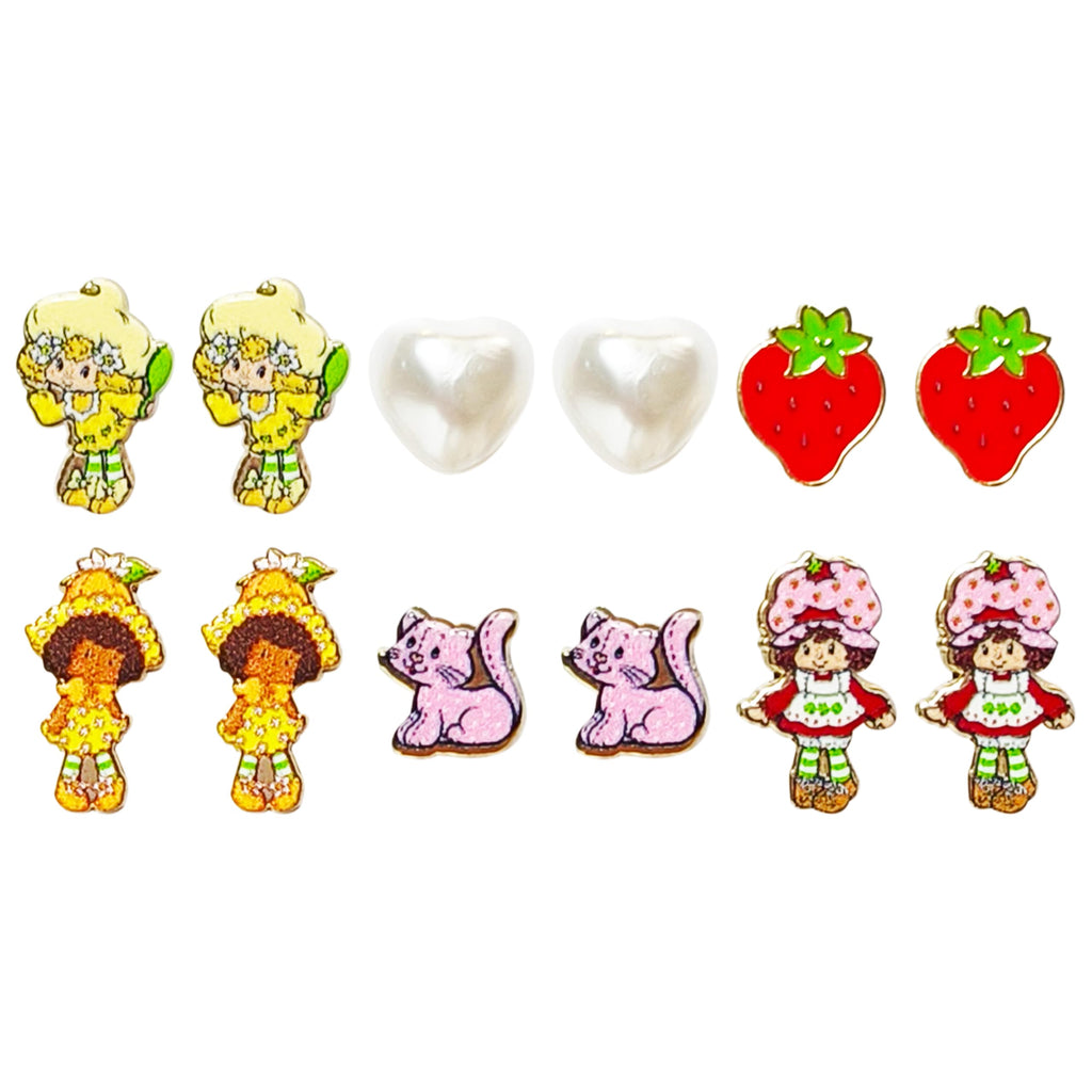 LUV HER The World of Strawberry Shortcake Hypoallergenic Earrings for Girls Ages 4+ - Safe Stud Styles - Jewelry Gift for Sensitive Ears & Cartoon Lovers, 6 Pairs
