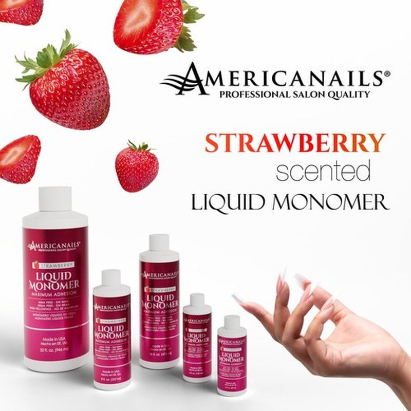 Americanails Nail Monomer Liquid - Maximum Adhesion Acrylic Liquid Monomer for Perfect Nail Enhancement - Liquid Acrylic Nail Monomer for Acrylic Powder - Strawberry Scented Liquid Monomer 8oz